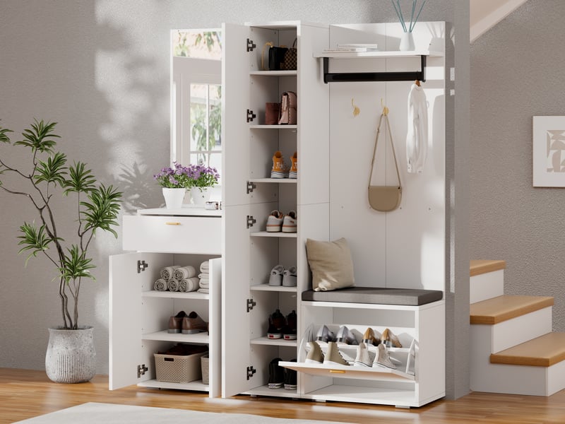  Vestiaire entrée avec miroir, penderie, banc à chaussures, patères, 3 portes et 1 tiroir, 150 × 36 × 180 cm, blanc  - Conforama D