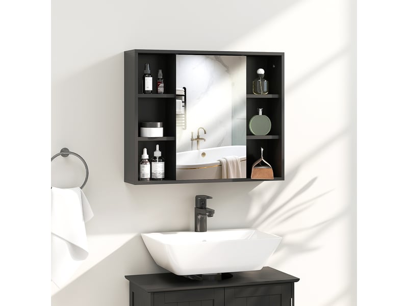  Meuble salle de bain avec miroir, placard à portes et 6 compartiments ouverts, 60 x 14,5 x 49,4 cm, noir  - Conforama C