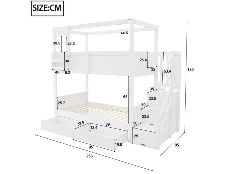  Lit superposé 90 × 200 cm avec échelle de rangement, 2 tiroirs et tableau amovible pour chambre d'enfant, blanc  - Conforama C