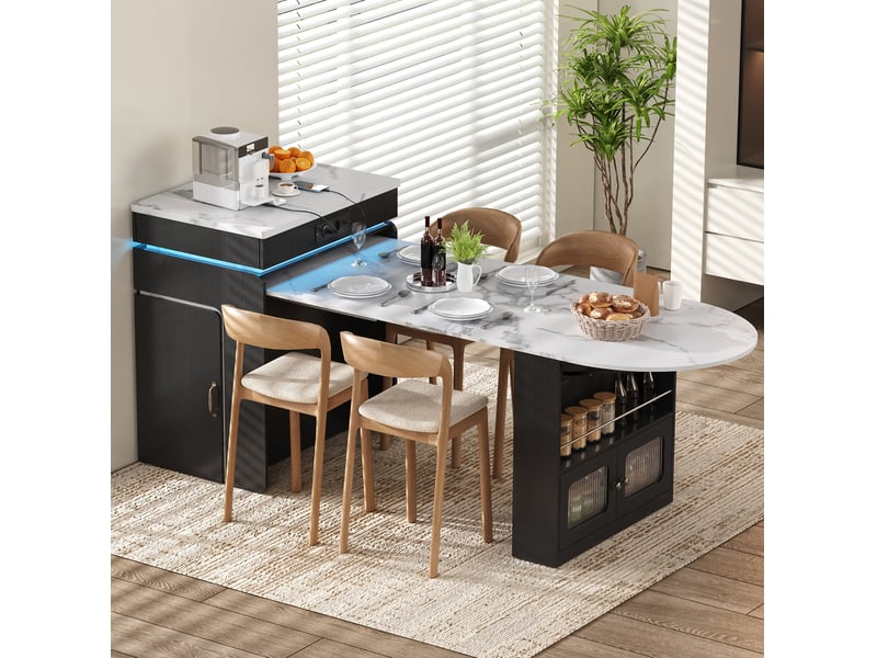  Îlot de cuisine extensible à roulettes noir avec 2 tiroirs 2 portes, led, effet marbre  - Conforama W