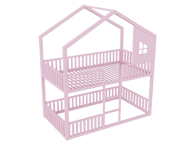 Lit superposé 90x200 cm, lit enfant, échelle, cadre métallique robuste, toit et fenêtres décoratifs, couchage confortable pour 2 personnes, métal rose OPULERANE TRADING LTD - Conforama A