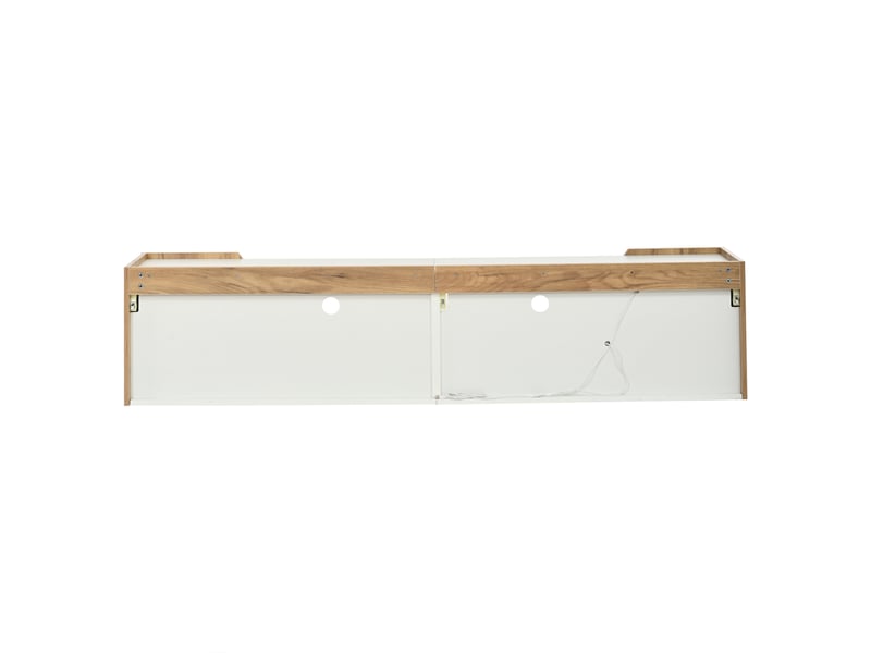  Meuble tv mural 180 cm blanc et naturel, led bluetooth, 2 portes, 6 rangements et passe-câbles Fay Lum - Conforama D