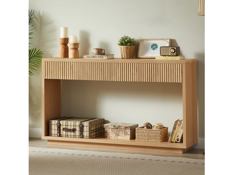  Console d'entrée 150 cm à finition bois clair, avec 2 tiroirs et étagère ouverte, design moderne pour le couloir  - Conforama B