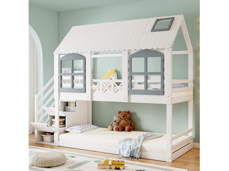  Lit superposé enfant avec toit et fenêtres blanc et gris 90 x 200 cm  - Conforama C
