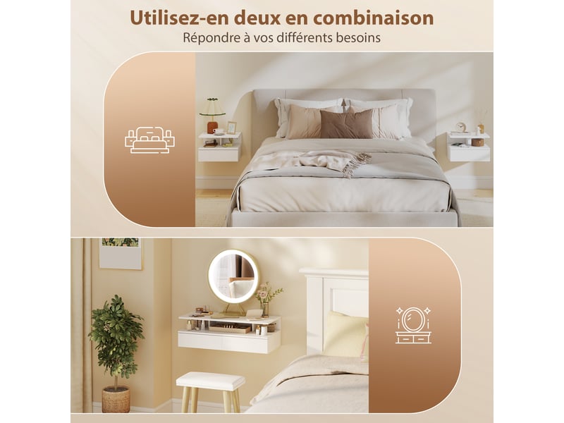  Lot de 2 tables de chevet murales, tables de nuit suspendues avec tiroir, 35x32x22,5cm, étagère ouverte, blanc  - Conforama R