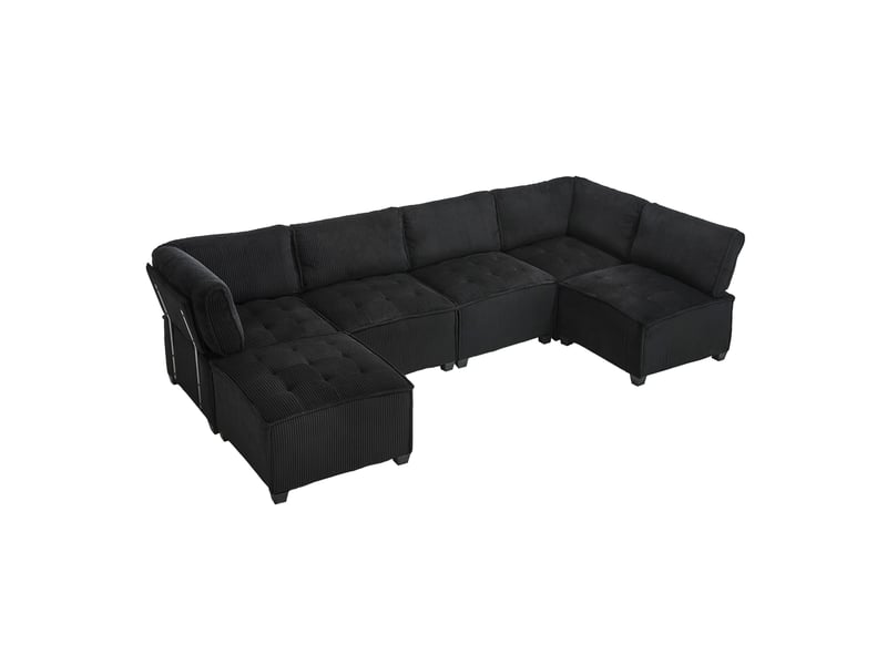 Canapé modulable tcqpz 6 places 308 x 154 x 82 cm convertible velours côtelé noir - Conforama A