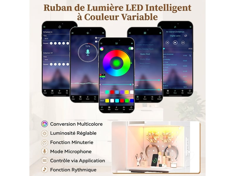  Armoire de chambre blanche, penderie 4 portes et 5 tiroirs, garde-robe avec éclairage led et prise, 135x50x200 cm  - Conforama W