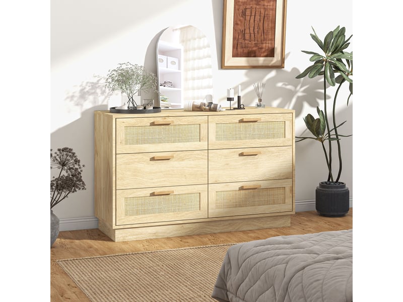  Commode design bohème en rotin avec 6 tiroirs, meuble de rangement pour le salon, le couloir, chêne, l'entrée  - Conforama D