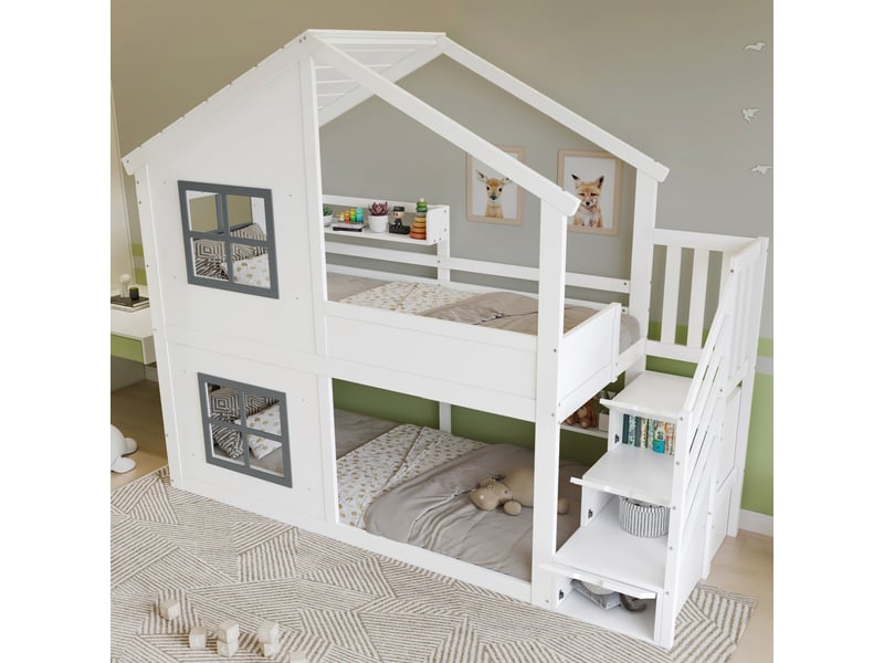  Lit superposé 2 places en bois et mdf avec escalier de rangement, toit et fenêtres, 90x200 cm, sans matelas  - Conforama C