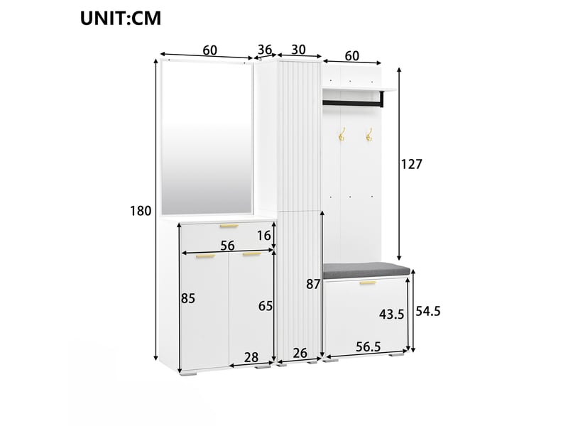  Ensemble vestiaire d’entrée 150x36x180 cm miroir, penderie, meuble à chaussures, banc mdf blanc  - Conforama C