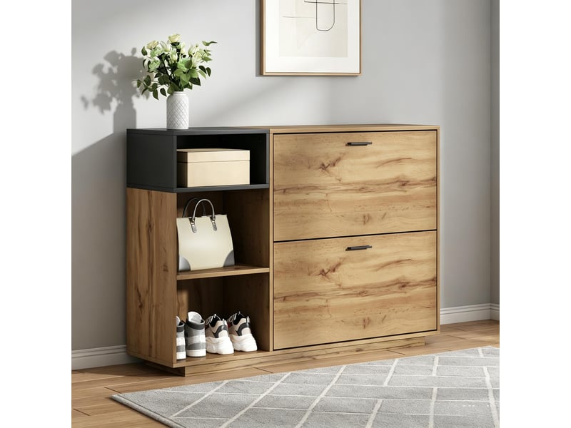  Meuble à chaussures - 120x32x84.5cm - 2 portes abattantes &amp; 3 niches ouvertes, rangement 12 paires en mdf - bois &amp; noir  - Conforama B