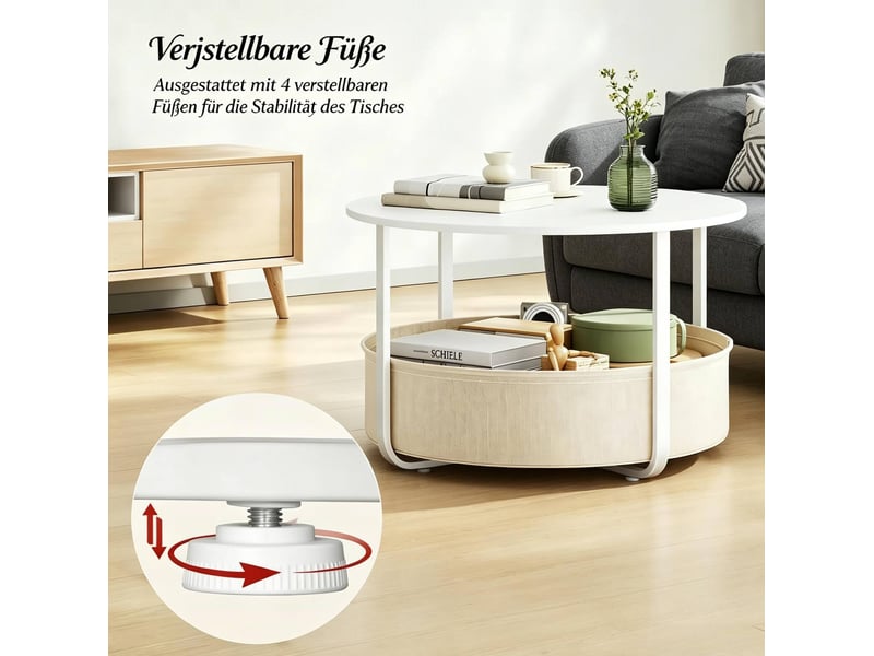  Table basse ronde avec panier de rangement, plateau facile à nettoyer, pour salon, ø 80 × 50 cm, en métal et toile, beige  - Conforama E