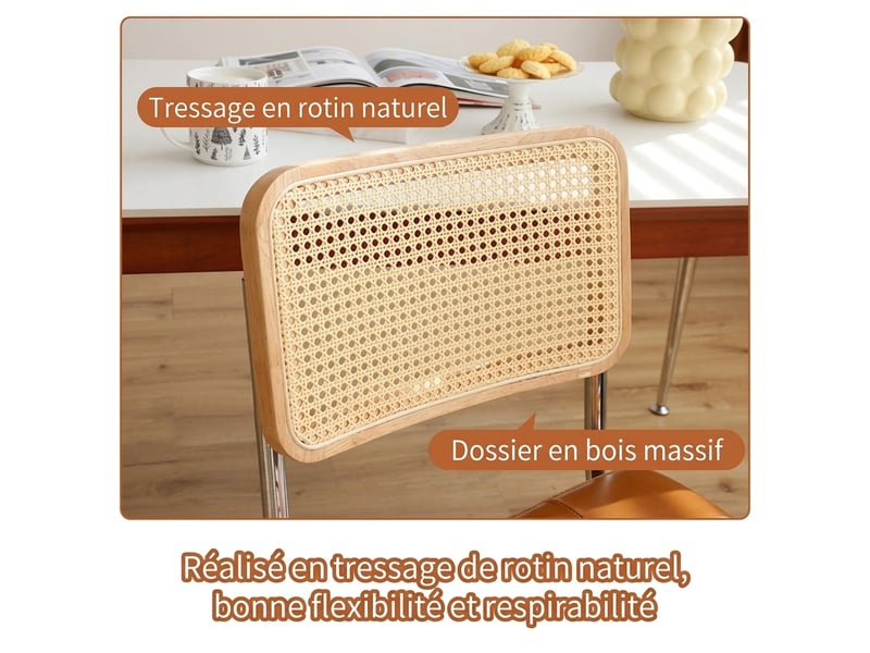 Lot de 4 chaises de salle à manger, chaises de cuisine marron avec dossier respirant en rotin et structure luge en métal chromé. - Conforama W