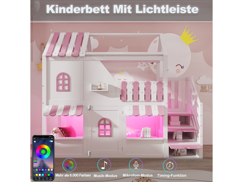 Lit superposé enfant 1 place 90×200 cm, led et rangements - okmyhome- blanc et rose, sans matelas - Conforama E