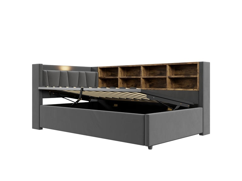  Canapé-lit avec rangement 90 x 200 cm – avec éclairage – avec ports de charge usb et type-c – avec compartiments de rangement – ​​gris foncé (matelas non inclus)  - Conforama W