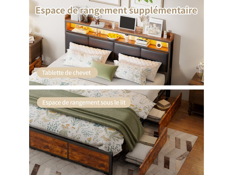  Lit 140x200 cm avec tête de lit rangement, lit double led,4 tiroirs, lit adulte ,sommier à lattes,marron, pu  - Conforama W