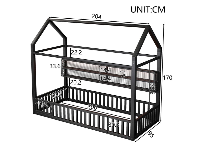 Lit plateforme 90x200 cm – lit enfant moderne avec design cabane led et garde-corps – métal – noir CozyNest - Conforama D