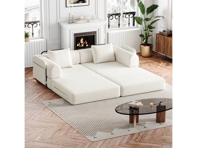 Canapé-lit modulable 2 places en chenille- 2 fauteuils convertibles avec rangement d’accoudoir- structure acier et base antidérapante- beige Bubbly - Conforama C