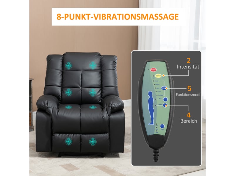  Fauteuil de massage électrique noir, inclinable à 165 degrés, 8 points vibrants, repose-pieds escamotable pour salon  - Conforama B