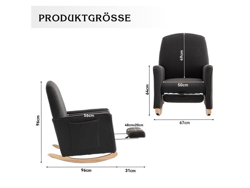  Fauteuil à bascule avec repose-pied, dossier haut, porte de rqngement, cadre en bois, tissu en fausse fourrure noire  - Conforama W
