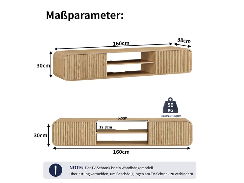  Meuble tv mural 160 cm avec compartiments ouverts et passe-câbles, finition naturelle  - Conforama E