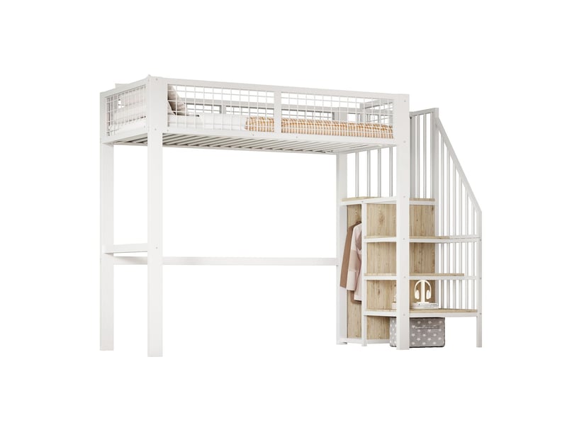  Lit mezzanine 90x200cm avec armoire, étagères et échelle sécurisée, lit simple, barrières de sécurité - design unique, blanc  - Conforama A