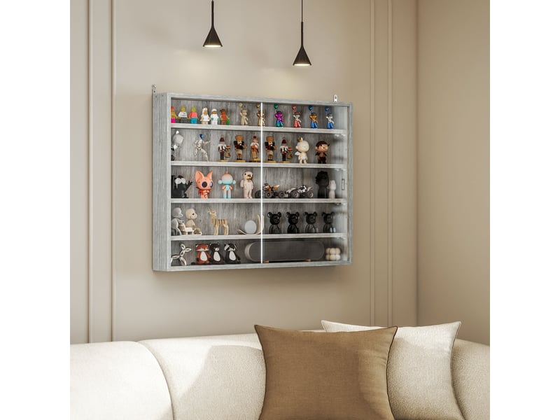  Vitrine murale pour objets de collection 4 étagère réglables en hauteur et 2 portes coulissantes 80 x 9,5 x 60 cm gris  - Conforama D