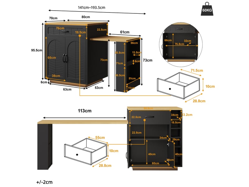  Desserte de cuisine avec 2 tiroirs, étagère ouverte, casier à vin et table extensible en mdf noir, 80 × 70 × 95,5 cm  - Conforama D