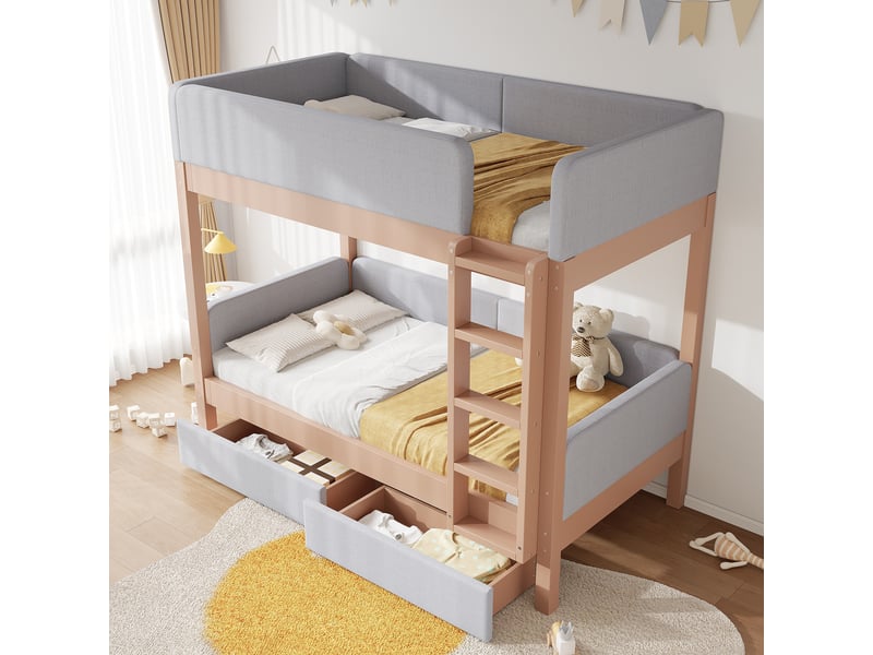 Lit superposé enfant 90×200 cm, 2 tiroirs et escalier - sans matelas, bois gris et naturel - Conforama C
