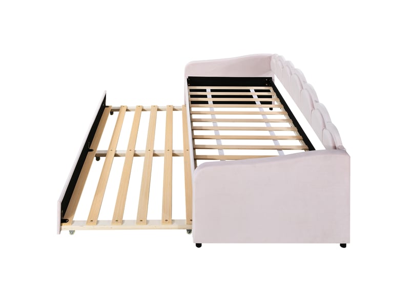  Lit gigogne 90x200cm avec lit extensible, éclairage led multicolore, design ondulé, velours, rose, sans matelas  - Conforama E