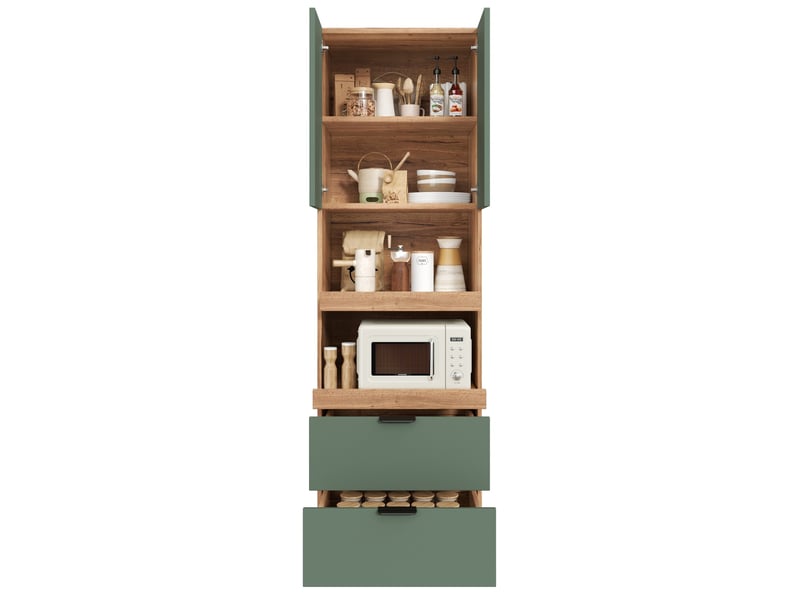  Buffet haut de cuisine vert en mdf, 2 portes, 2 tiroirs et 2 étagères ouvertes, rangement multifonction  - Conforama A