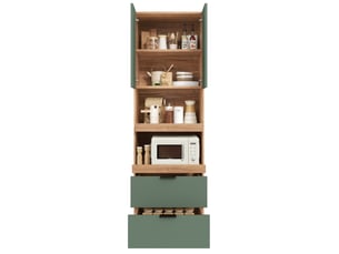 Buffet haut de cuisine vert en mdf, 2 portes, 2 tiroirs et 2 étagères ouvertes, rangement multifonction