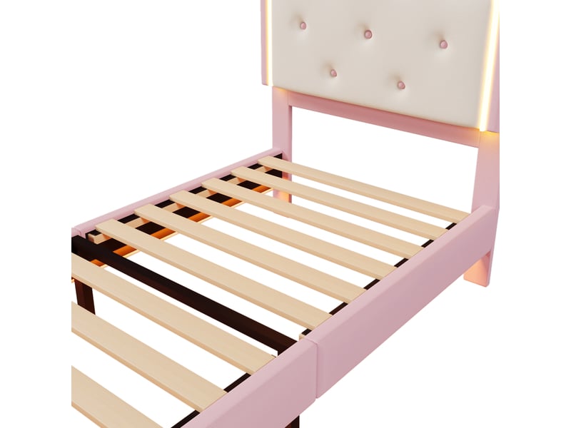 Lit enfant 90x200 cm princesse avec tête couronne et led, pu, rose, sans matelas - Conforama E