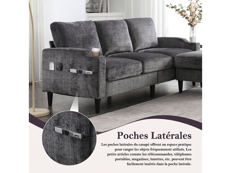 Canapé 4 places avec pouf gris contemporain - rangement, chenille douce, porte-gobelets - Conforama W