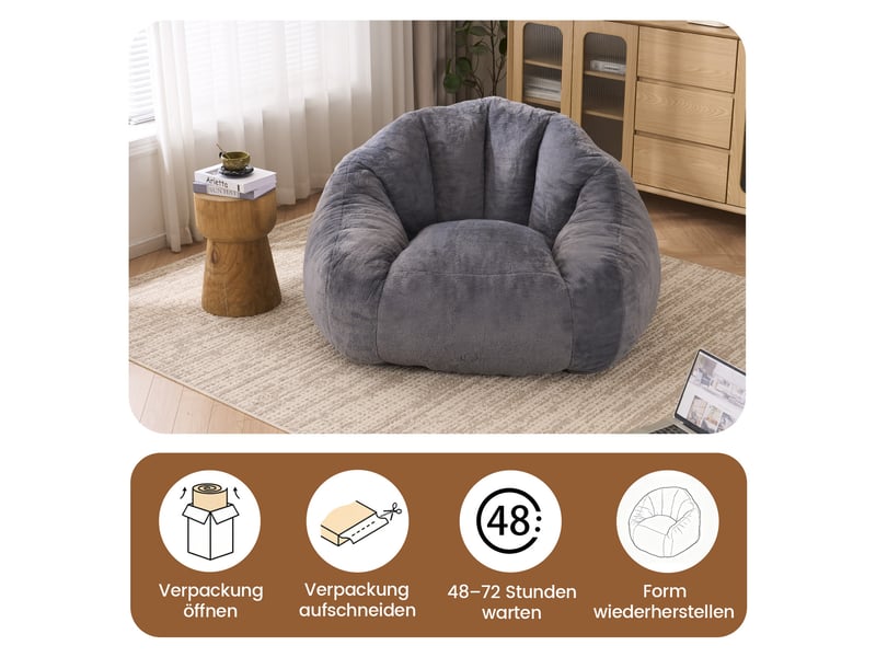  Pouf adulte gris clair avec dossier, revêtement doux en polyester, garnissage en mousse haute densité  - Conforama C