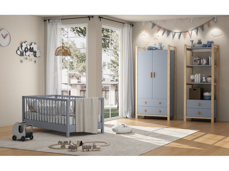  Ensemble armoire enfant et étagère à 2 portes, penderie et 4 tiroirs, 160 × 44 × 180,5 cm, bleu et bois naturel  - Conforama B