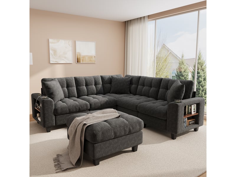  Canapé d’angle modulable xxl en u 6 places avec pouf amovible, accoudoirs bibliothèque, porte-gobelets, ports usb et usb-c, tissu chenille gris OPULERANE TRADING LTD - Conforama E