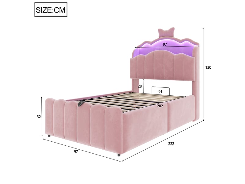  Lit coffre 90x200 cm - lit avec rangement hydraulique, tête de lit avec led, usb et usb-c - velours - rose  - Conforama C