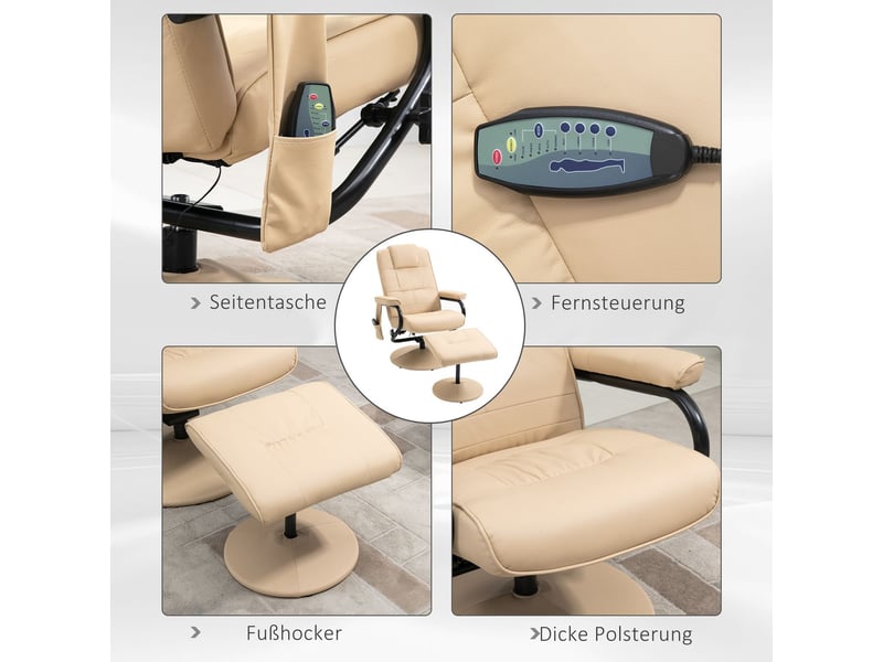  Chaise 77 x 84 x 95 cm fonction relax fonction massage fauteuil tv tabouret cuir synthétique blanc crème  - Conforama D