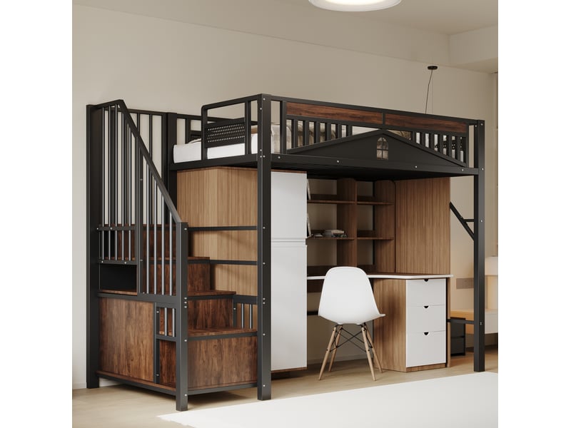  Lit mezzanine 90x200 cm rangement et escalier en métal et bois noir  - Conforama C