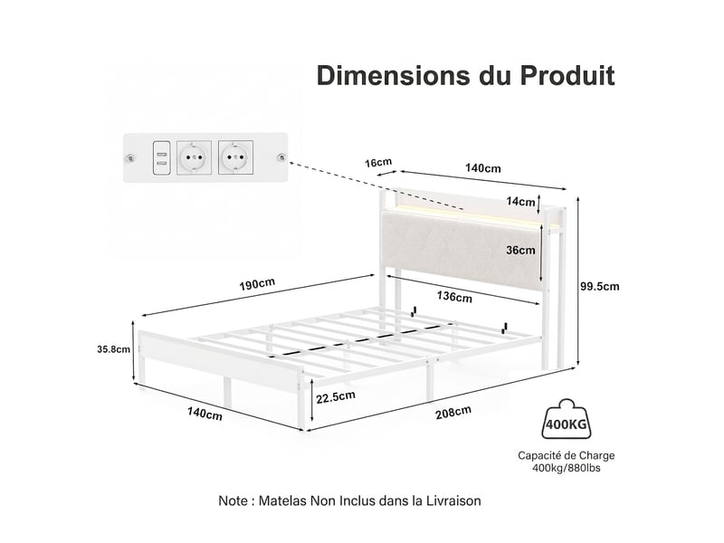  Lit double 140x190 blanc avec tête de lit capitonnée led, station usb et cadre métal sans matelas  - Conforama C