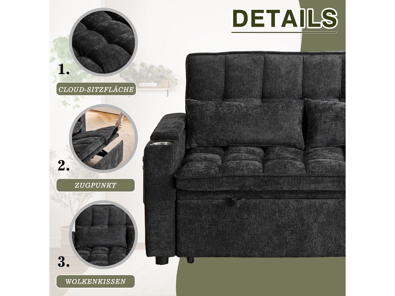  Canapé-lit 3 en 1 avec fonction relaxation, coussins d'assise et de dossier moelleux comme des nuages, deux coussins lombaires  - Conforama D