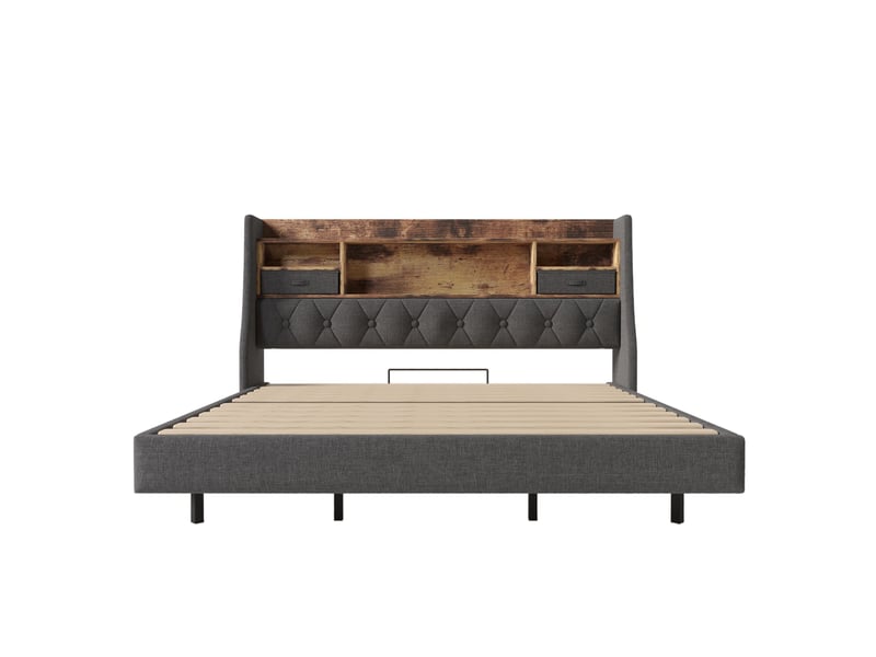  Lit double 180 x 200 cm effet flottant avec led, tête de lit rangement, 3 usb + usb-c, lin gris Fay Lum - Conforama E