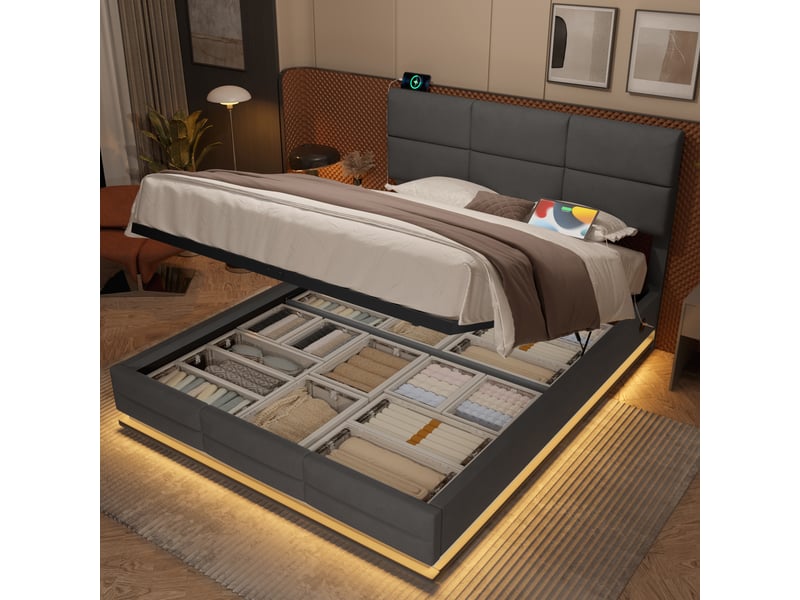 Lit coffre 180x200 cm, lit double, rangement hydraulique, led, usb et usb-c, velours gris foncé, tête de lit réglable - Conforama R