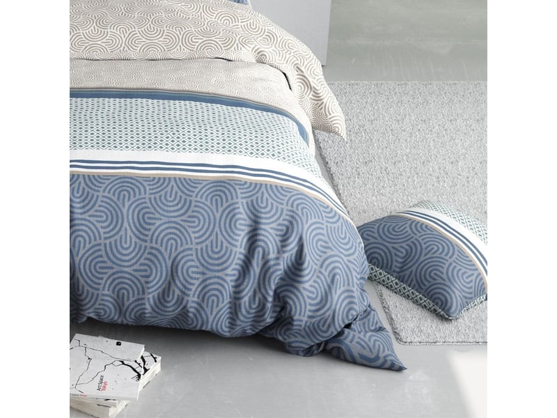 Parure housse de couette 260x240cm + 2 taies motif graphique bleu et taupe 100% coton - solia SOLIA - Conforama C