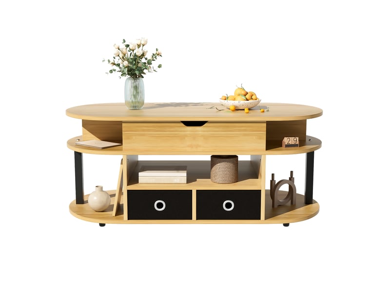 Table basse 105x50x45-60 cm relevable, coffre et 2 tiroirs en tissu, plateau ovale, panneaux de particules, bois et noir ABC - Conforama E