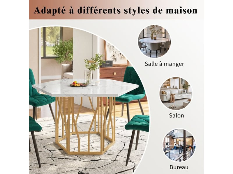  Table à manger hexagonale moderne – plateau en mdf marbré &amp; structure métal doré –style élégant pour salonsalle à manger 115.5x100x75cm - Conforama C