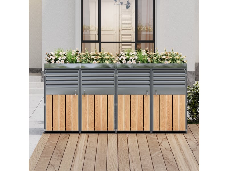  Cache-poubelles 4 compartiments avec bac à plantes, ventilation à lames, métal verrouillable  - Conforama B