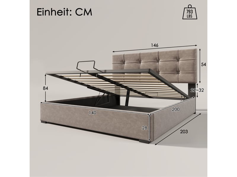  Lit coffre hydraulique 140x200 cm avec tête de lit réglable-sommier à lattes et rangement sous le lit-en velours-gris clair  - Conforama C
