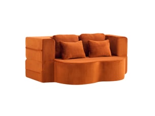 Canapé de sol convertible 2 places en tissu peluche orange avec 4 coussins